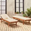 Pair of multi-position wooden sun loungers with wheels