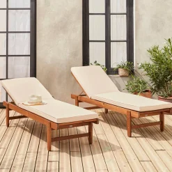 Pair of multi-position wooden sun loungers with wheels