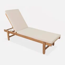 Pair of multi-position wooden sun loungers with wheels