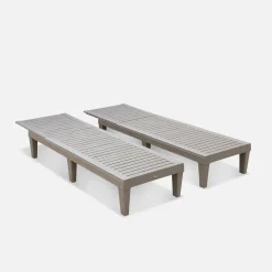 Pair of plastic sun loungers with textured wood effect