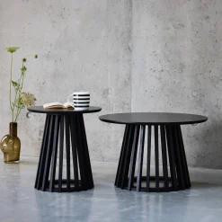 Pair of round wooden-effect coffee tables, 40cm and 60cm