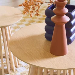 Pair of round wooden-effect coffee tables, 40cm and 60cm