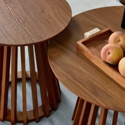 Pair of round wooden-effect coffee tables, 40cm and 60cm