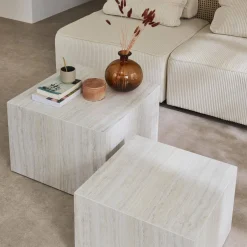 Pair of square coffee tables with marble effect