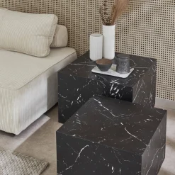 Pair of square coffee tables with marble effect
