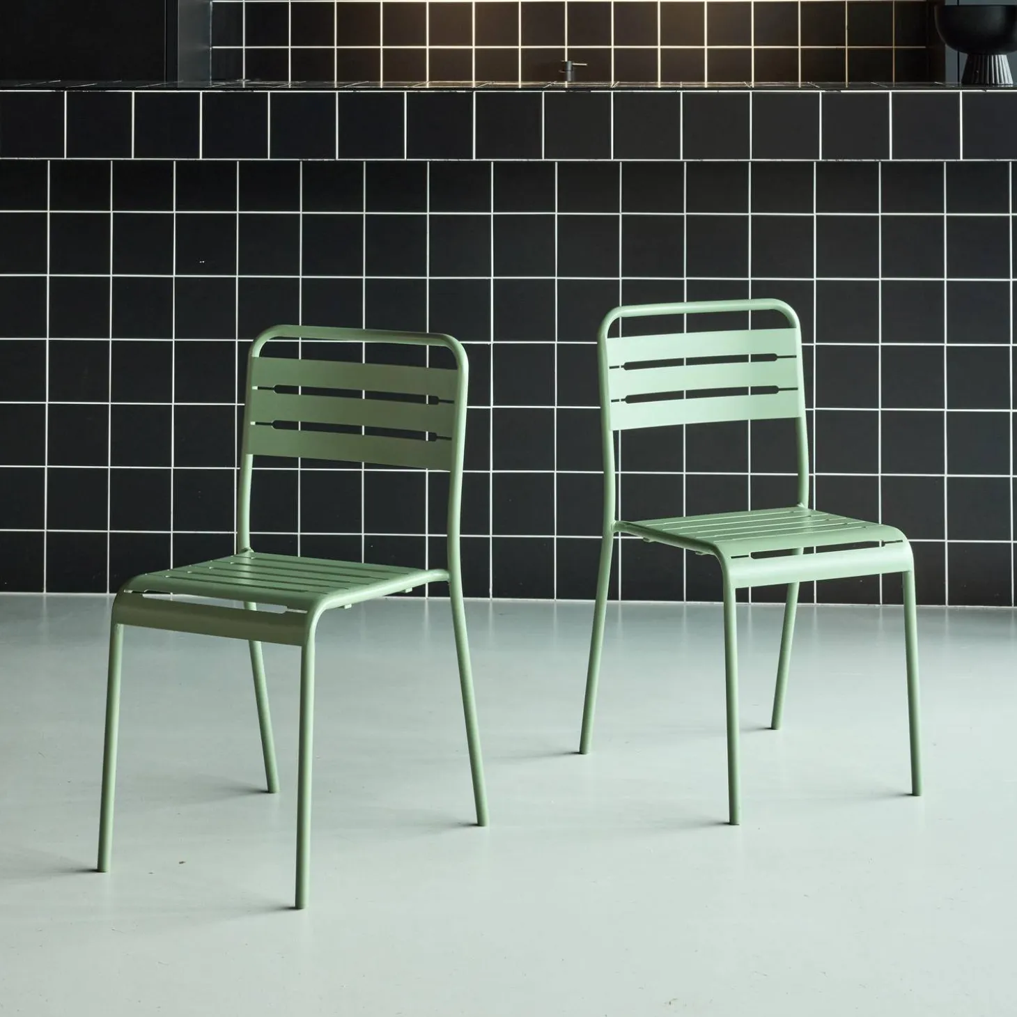 Pair of steel and stackable garden chairs