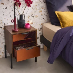 Pair of vintage 2-drawer bedside tables with wooden effect and glass