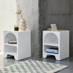 Pair of white wood-effect organic bedside tables, 2 niches