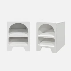 Pair of white wood-effect organic bedside tables, 2 niches