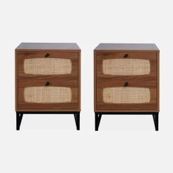 Pair of wood and cane bedside tables