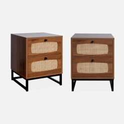 Pair of wood and cane bedside tables