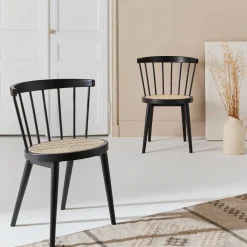 Pair of wood and cane dining chairs