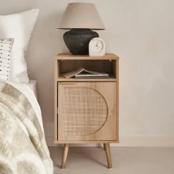 Pair of wood and rounded cane rattan bedside tables