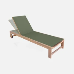 Pair of wooden and multi-position sun loungers with wheels