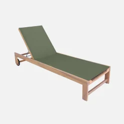 Pair of wooden and multi-position sun loungers with wheels