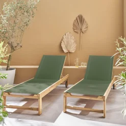 Pair of wooden and multi-position sun loungers with wheels