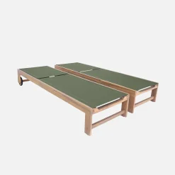 Pair of wooden and multi-position sun loungers with wheels