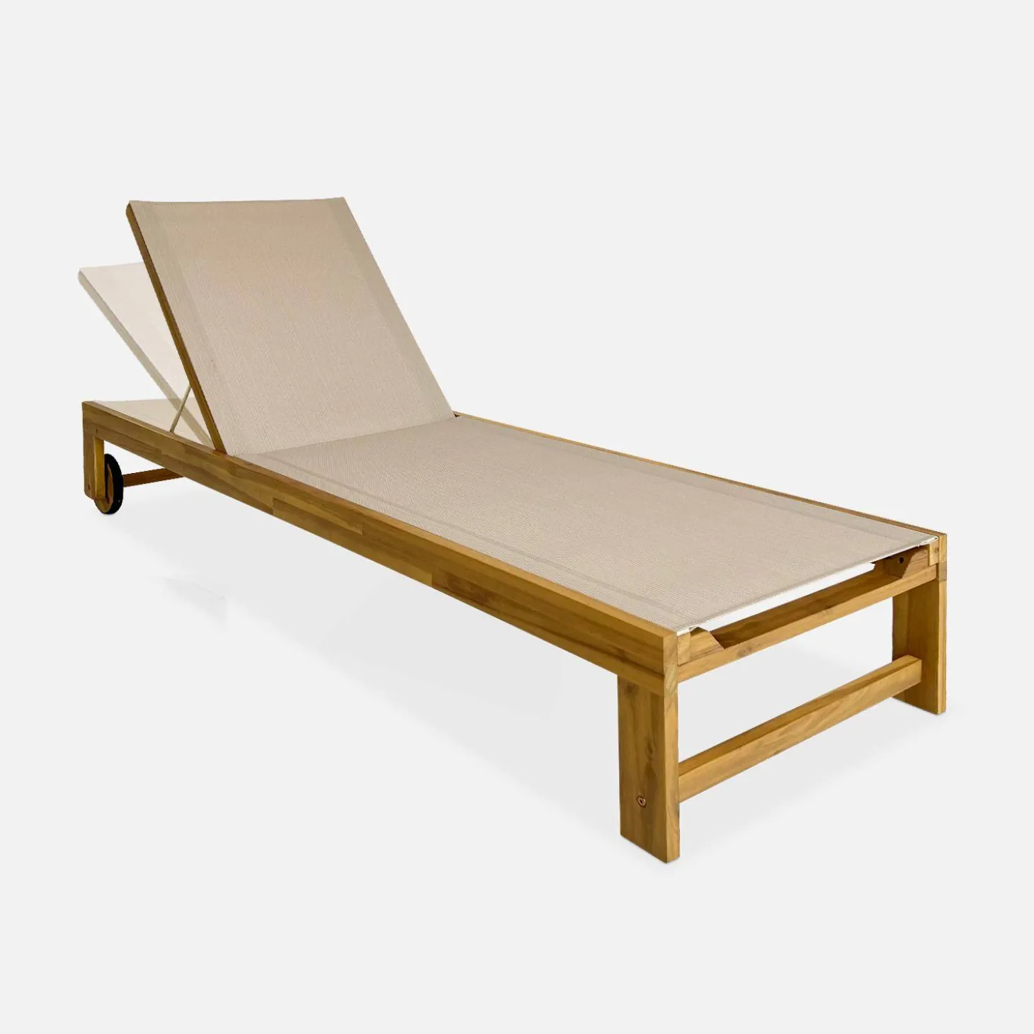 Pair of wooden and multi-position sun loungers with wheels