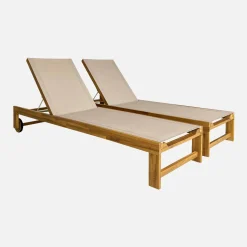 Pair of wooden and multi-position sun loungers with wheels