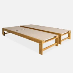 Pair of wooden and multi-position sun loungers with wheels