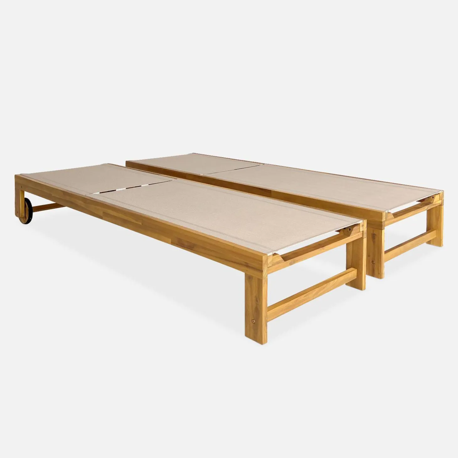 Pair of wooden and multi-position sun loungers with wheels