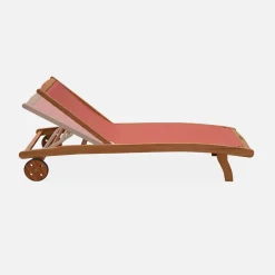 Pair of wooden and textilene sun loungers