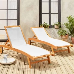 Pair of wooden and textilene sun loungers
