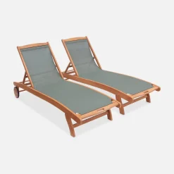 Pair of wooden and textilene sun loungers