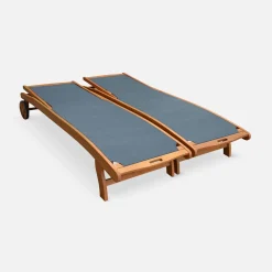 Pair of wooden and textilene sun loungers