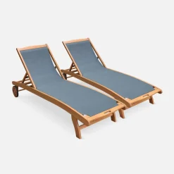 Pair of wooden and textilene sun loungers