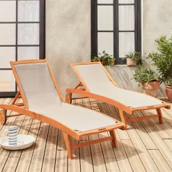 Pair of wooden and textilene sun loungers