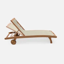 Pair of wooden and textilene sun loungers