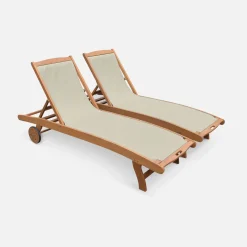 Pair of wooden and textilene sun loungers