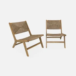 Pair of wooden chairs with straw-like resin