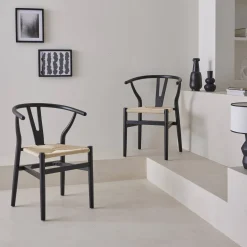 Pair of wooden chair with rope seat