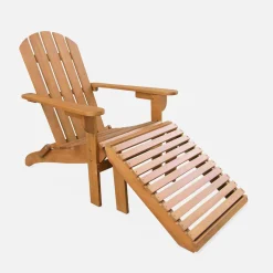 Pair of wooden deck chairs with footrests