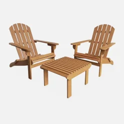Pair of wooden deck chairs with footrests