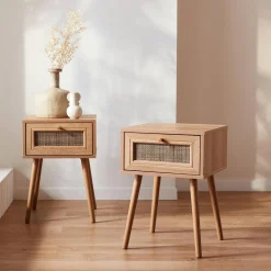 Pair of woven rattan bedside tables with drawer