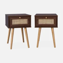 Pair of woven rattan bedside tables with drawer