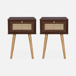 Pair of woven rattan bedside tables with drawer