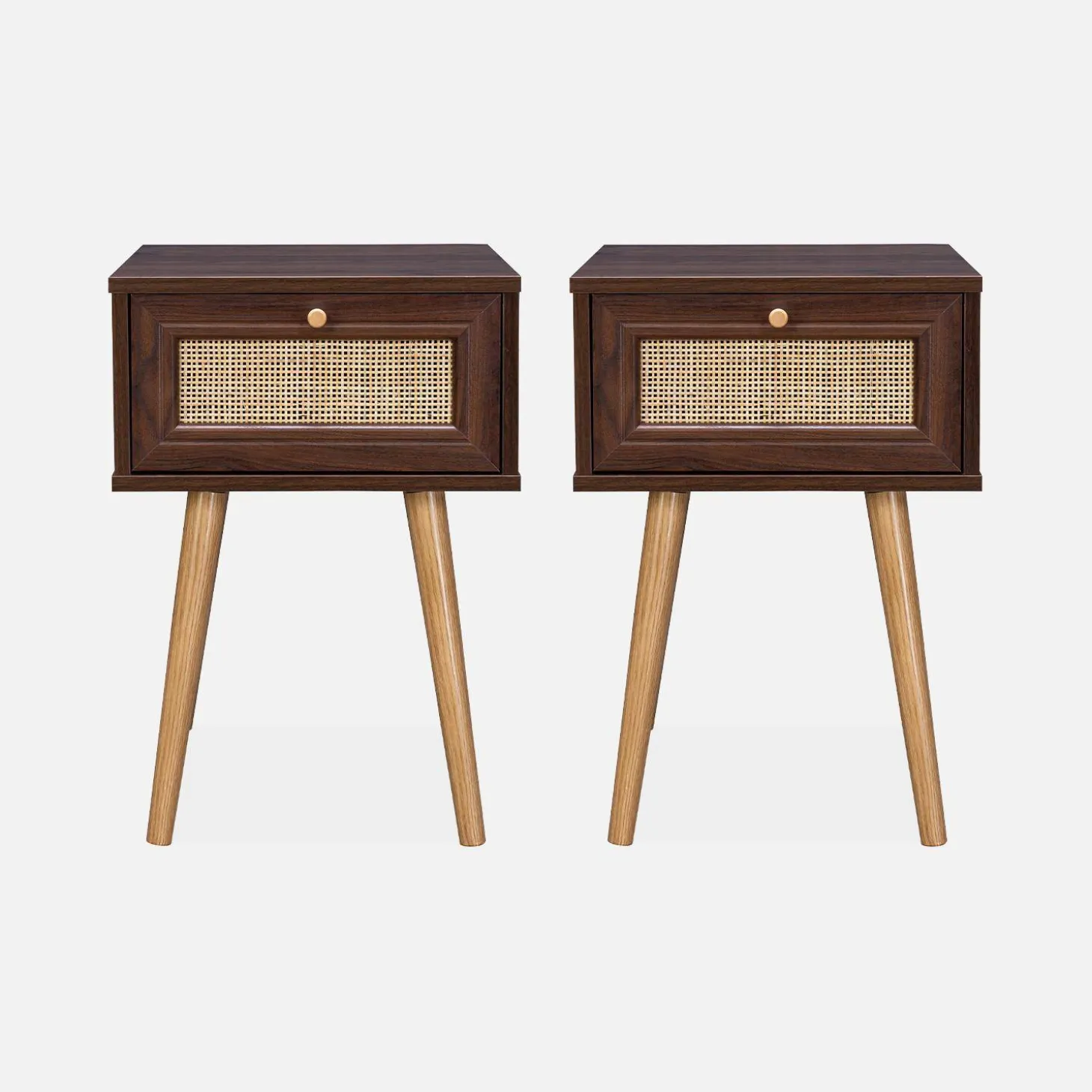 Pair of woven rattan bedside tables with drawer