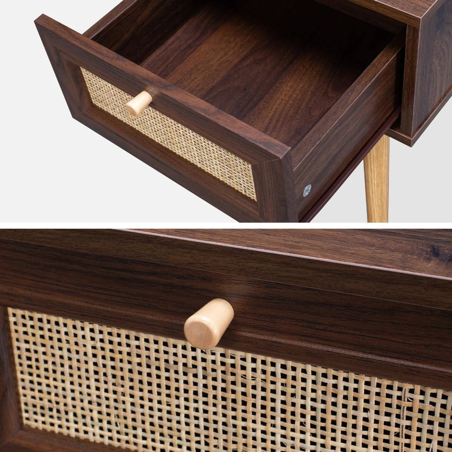 Pair of woven rattan bedside tables with drawer