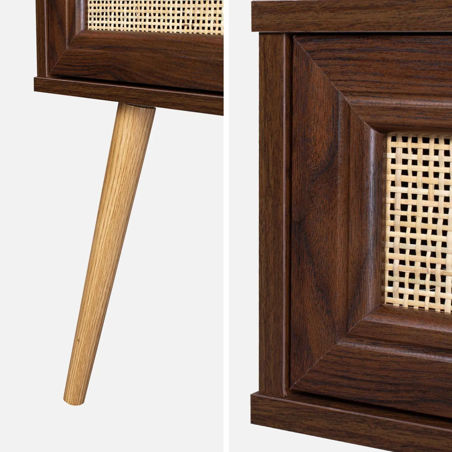 Pair of woven rattan bedside tables with drawer
