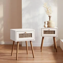 Pair of woven rattan bedside tables with drawer