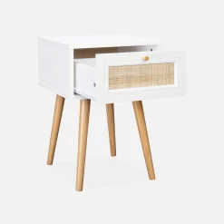Pair of woven rattan bedside tables with drawer