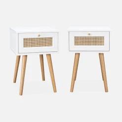 Pair of woven rattan bedside tables with drawer
