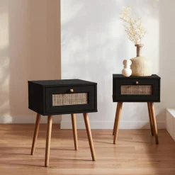 Pair of woven rattan bedside tables with drawer