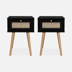 Pair of woven rattan bedside tables with drawer