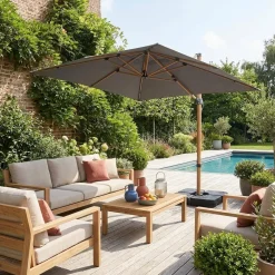 Rectangular cantilever parasol 3x4m, wood-effect mast + 50x50cm ballast slabs