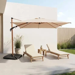 Rectangular offset parasol 3x4m, wood effect mast + 50x50cm ballast slabs